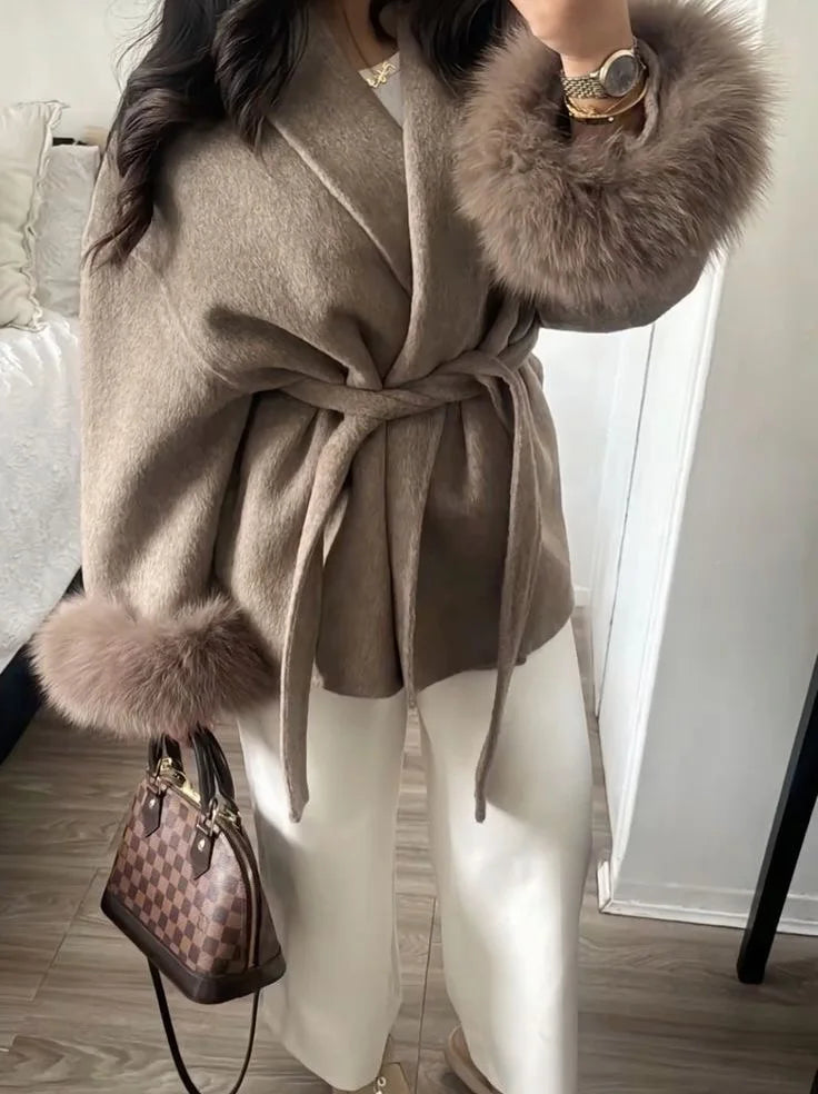 Elegant Lace-Up Woolen Coat for Women – Furry Lapel Patchwork