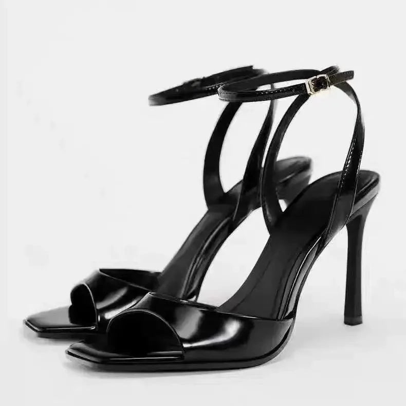 Gold Patent Leather Ankle Buckle High Heel Sandals – Square Toe Elegance