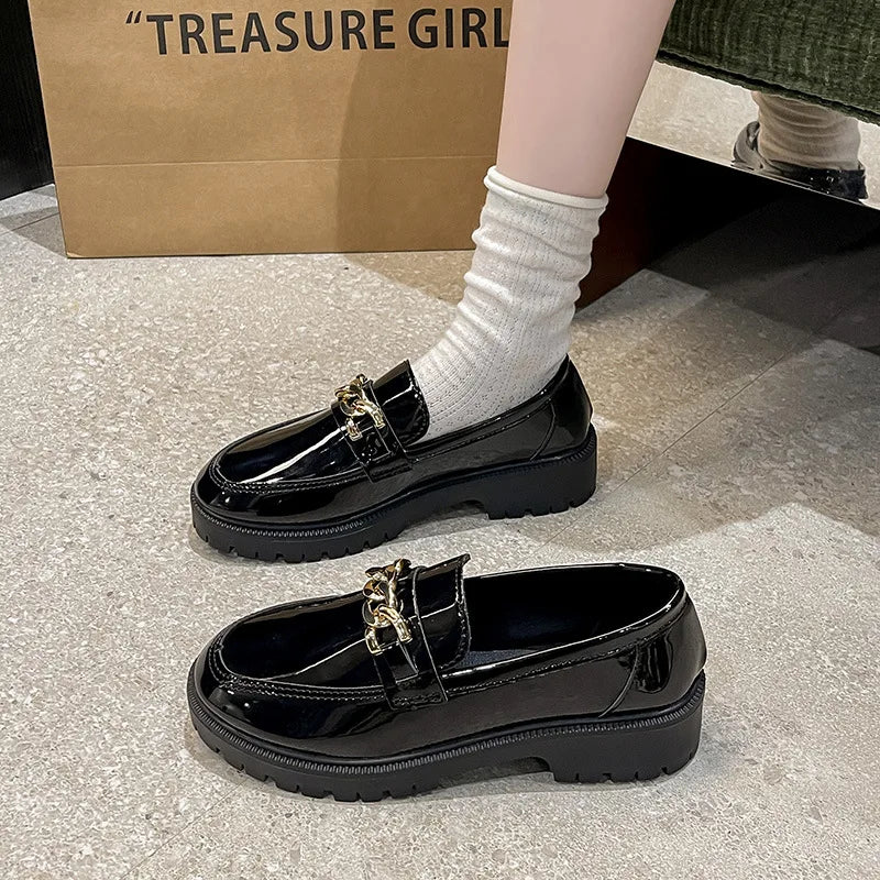 Women's Retro British Style Slip-On Loafers Spring Autumn New Thick Bottom Low Cut JK Shoes Student round Toe Rubber Sole