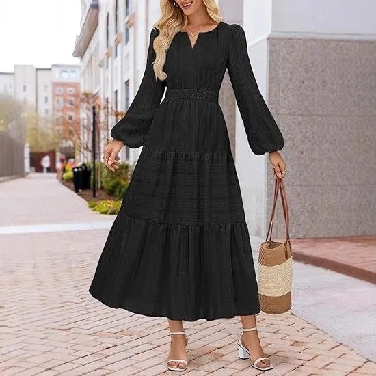 Elegant Princess V-Neck Dress – Slim Fit Long Sleeve Mid-Calf Gown for Women
