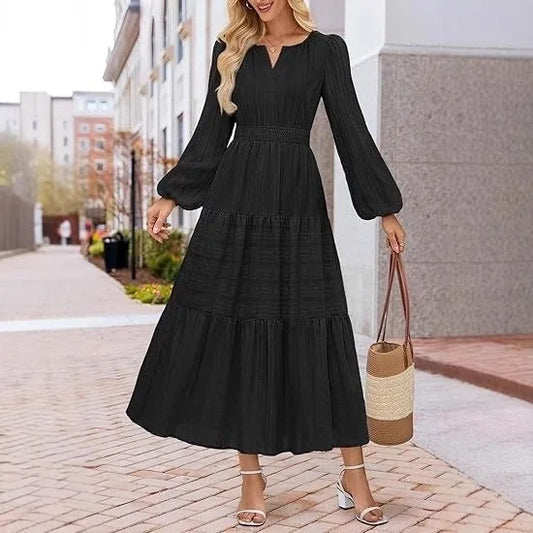 Elegant Princess V-Neck Dress – Slim Fit Long Sleeve Mid-Calf Gown for Women
