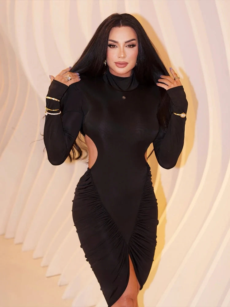 Ruched Elegant Turtleneck Mini Dress – Backless Bodycon Street Style