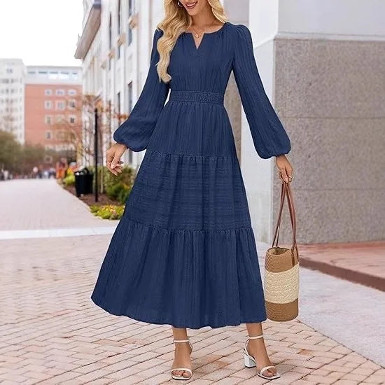 Elegant Princess V-Neck Dress – Slim Fit Long Sleeve Mid-Calf Gown for Women