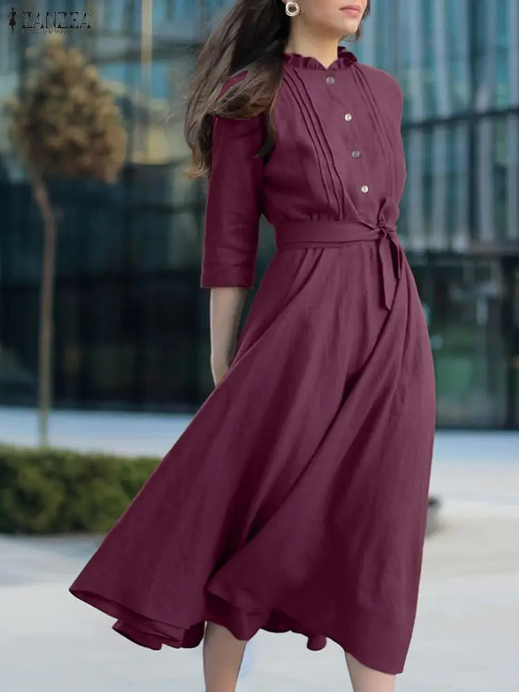 Elegant Button-Up Midi Dress – Casual 3/4 Sleeve A-Line Office & Work Dress for Women