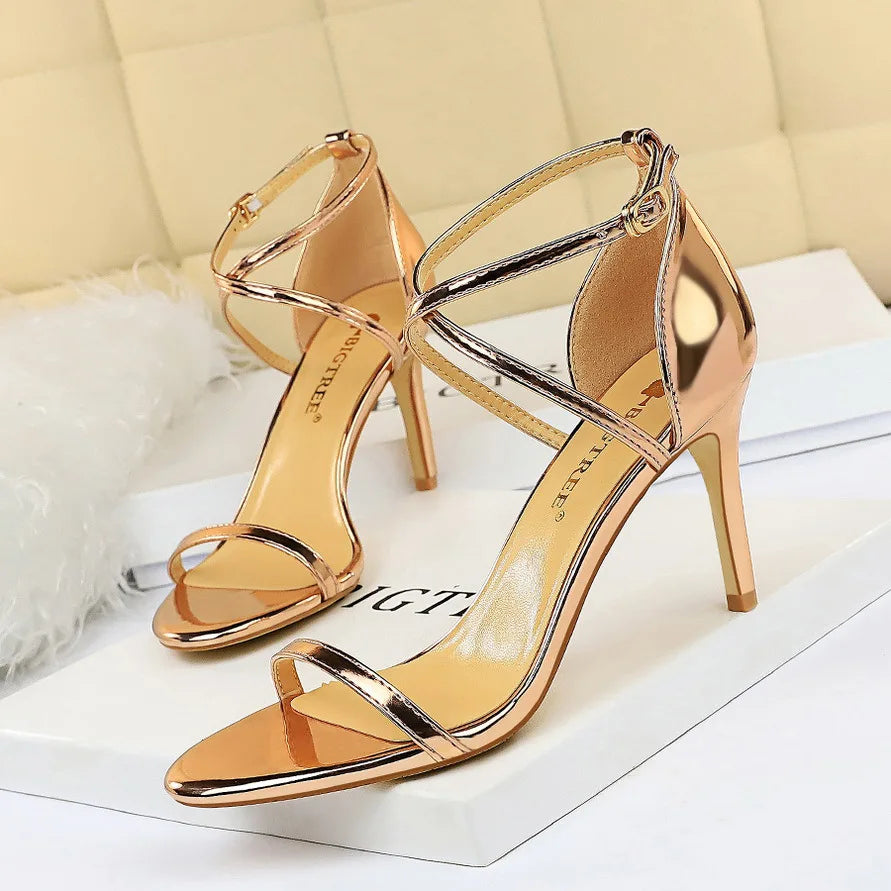 Champagne Gold High Heel Shoes – Ankle Strap Pointed Toe Sandals