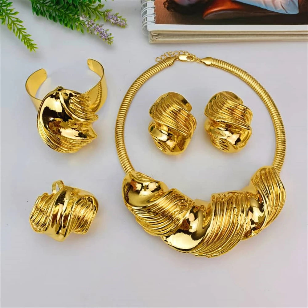 EMMA Luxury African Italian Gold Jewellery Set – Big Statement Necklace, Earrings, Bracelet & Ring for Women & Mama