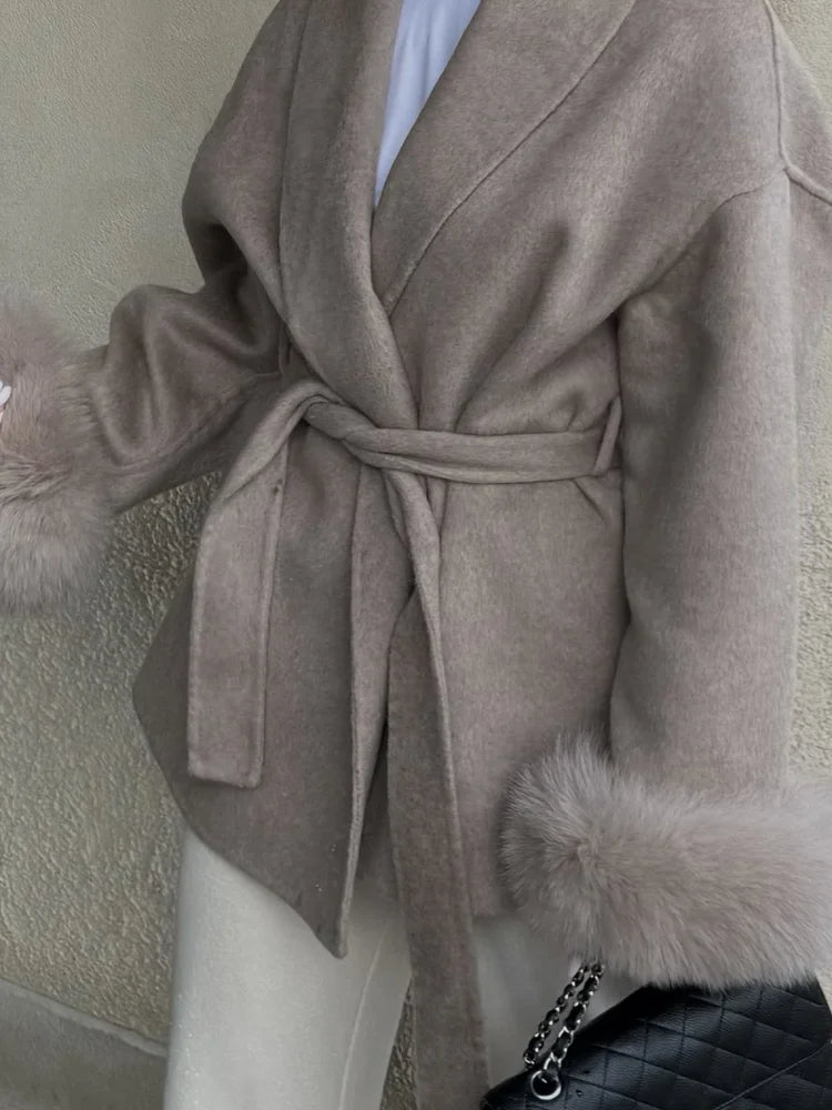 Elegant Lace-Up Woolen Coat for Women – Furry Lapel Patchwork