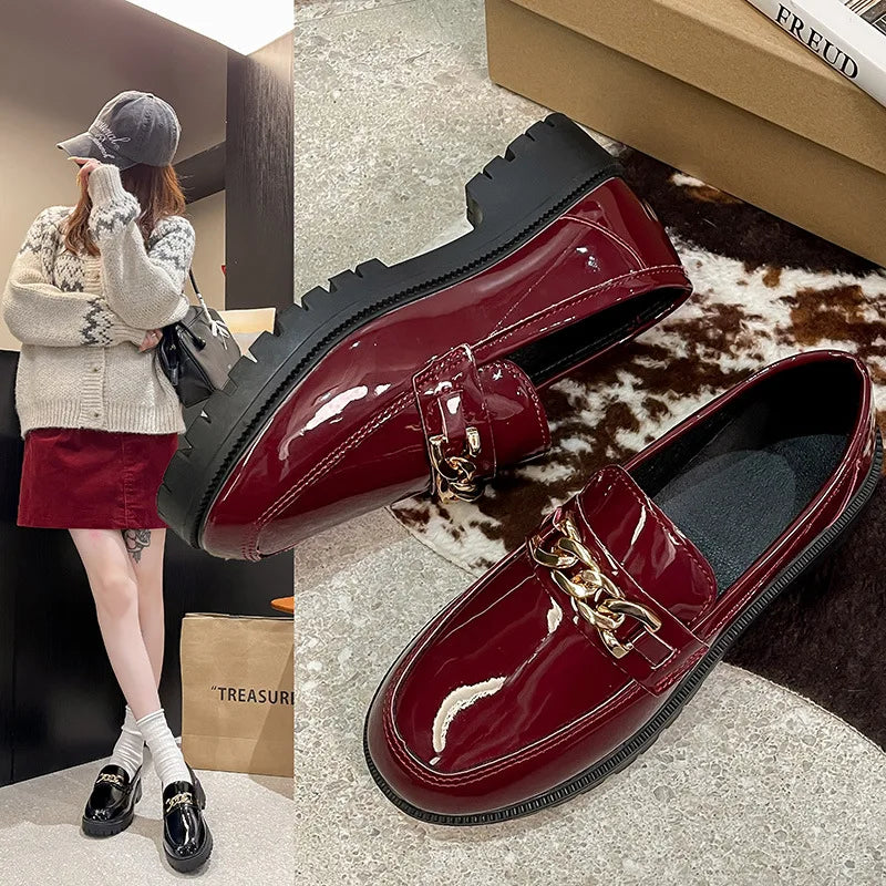 Women's Retro British Style Slip-On Loafers Spring Autumn New Thick Bottom Low Cut JK Shoes Student round Toe Rubber Sole