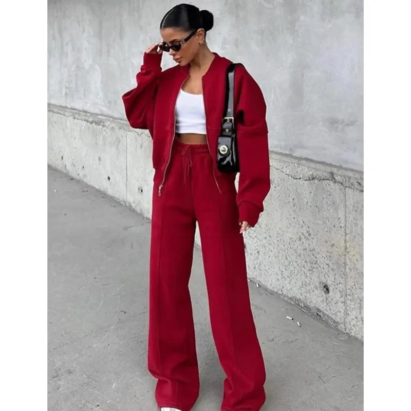 Casual Two-Piece Pants Suit – Zip-Up Cardigan Jacket & Wide-Leg Trousers Streetwear Set for Women