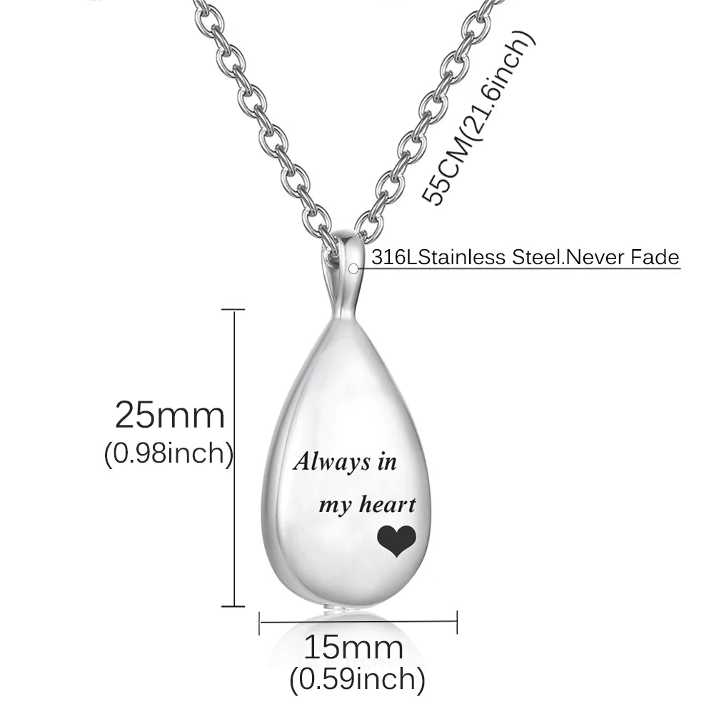 “Always in My Heart” Teardrop Ashes Necklace – Stainless Steel Cremation Urn Pendant Memorial Keepsake