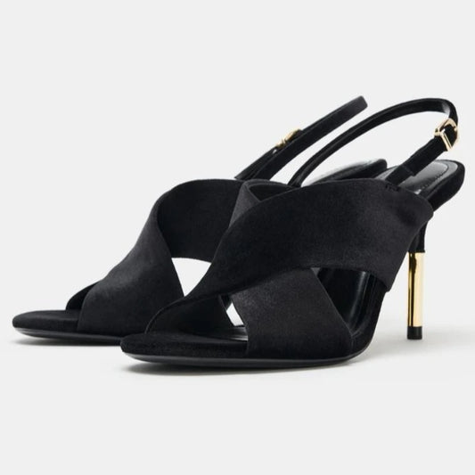 Designer Suede Wide Cross Strap Heeled Sandals Women Sexy Open Toe Slingback High Heels for Ladies Elegant Banquet Dress Shoes
