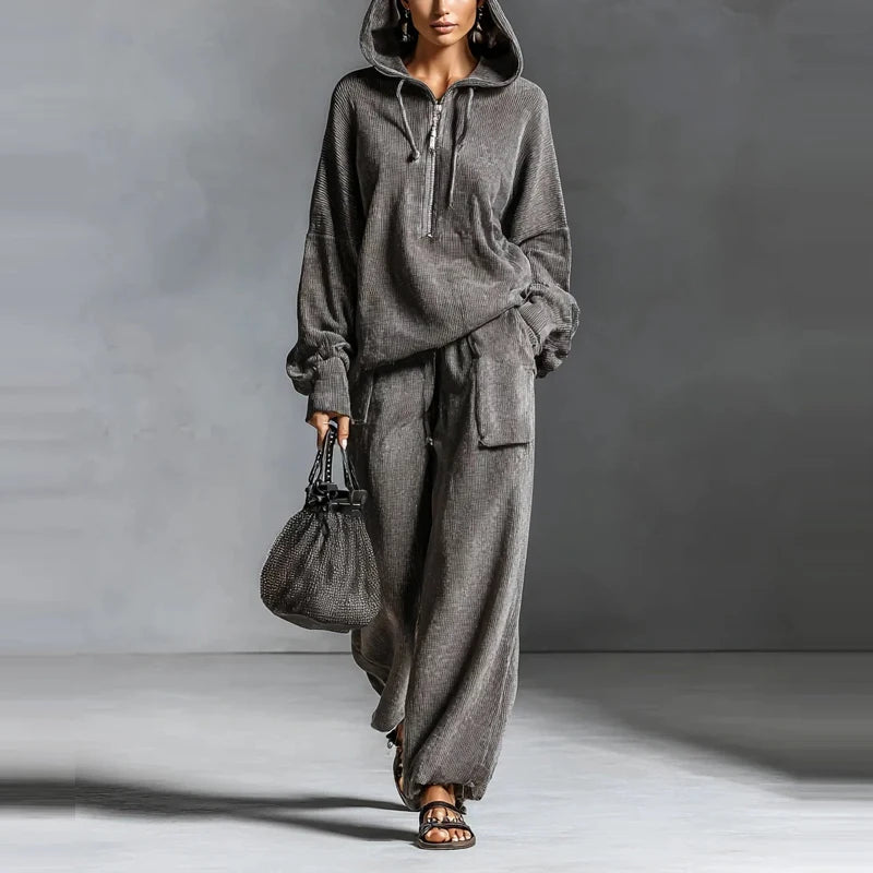 Casual Hoodie & Wide-Leg Pants Set – Relaxed Pullover Sweatshirt Two-Piece Outfit for Women