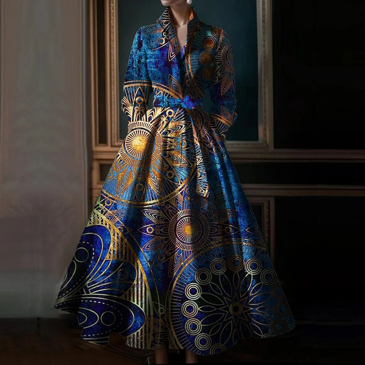 2026 Elegant Floral Maxi Dress – Long Sleeve Turndown Collar Vintage A-Line Evening & Wedding Party Dress for Women