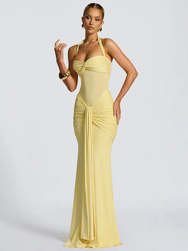 Patchwork Halter Maxi Dress – Sexy Sheer Ribbon Backless Bodycon Evening & Festival Dress for Women