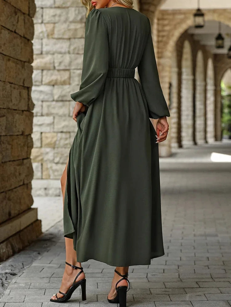 Plus Size V-Neck Maxi Dress – Long Sleeve Split A-Line Dress
