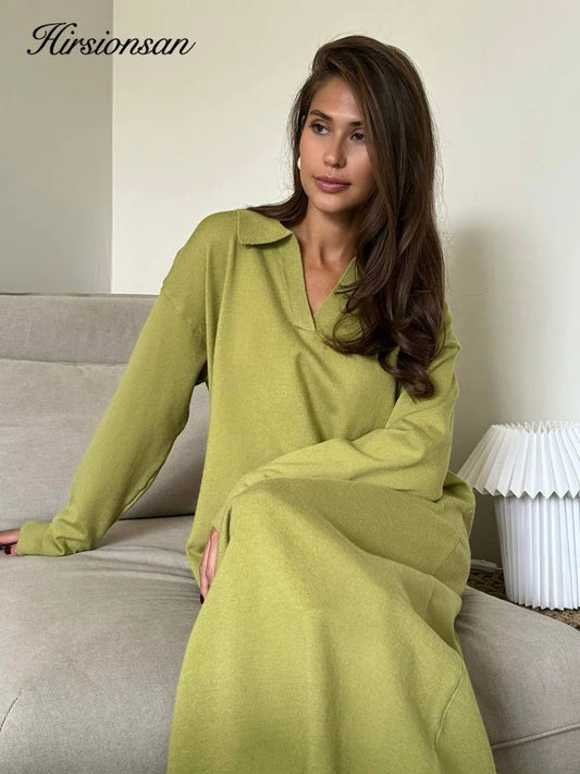 2026 Long Sleeve Polo-Neck Knit Sweater Dress – Soft Loose Fit Mid-Calf Winter Dress for Women | Hirsionsan