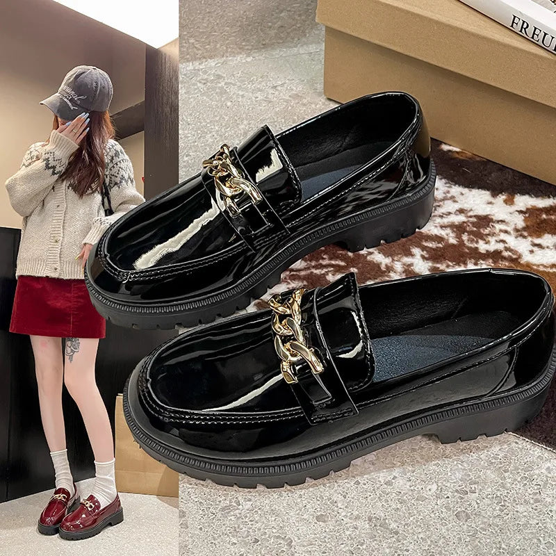 Women's Retro British Style Slip-On Loafers Spring Autumn New Thick Bottom Low Cut JK Shoes Student round Toe Rubber Sole