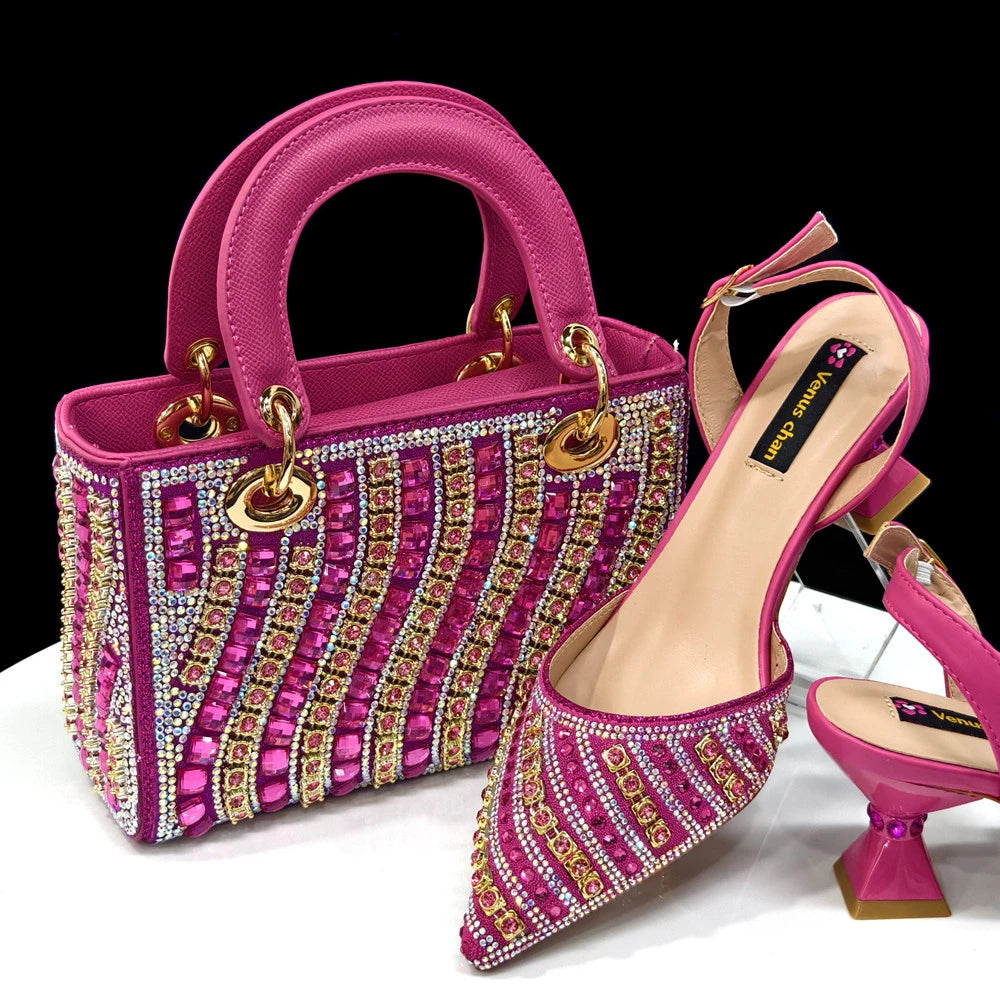 Rhinestone Pointed Toe Women’s High Heel Shoes & Matching Bag Set