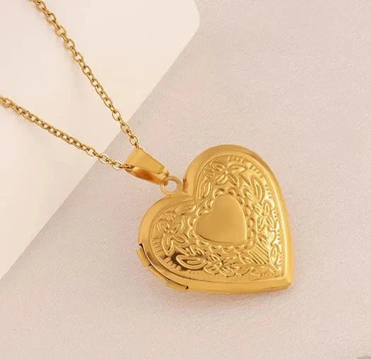 Gold Plated Heart Locket Necklace – Openable Stainless Steel Pendant with Love & Faith Embossing (Memorial Keepsake)