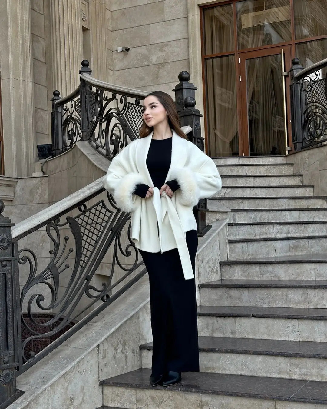 Elegant Lace-Up Woolen Coat for Women – Furry Lapel Patchwork