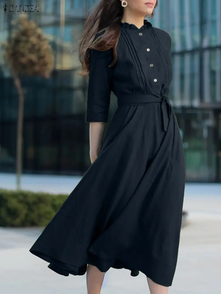 Elegant Button-Up Midi Dress – Casual 3/4 Sleeve A-Line Office & Work Dress for Women