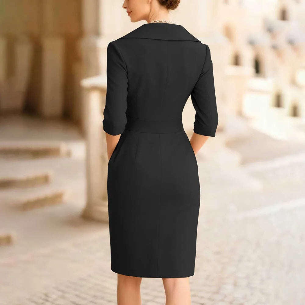 Elegant Lapel Slim Midi Dress – Office Lady Casual A-Line Dress with 3/4 Sleeves for Women