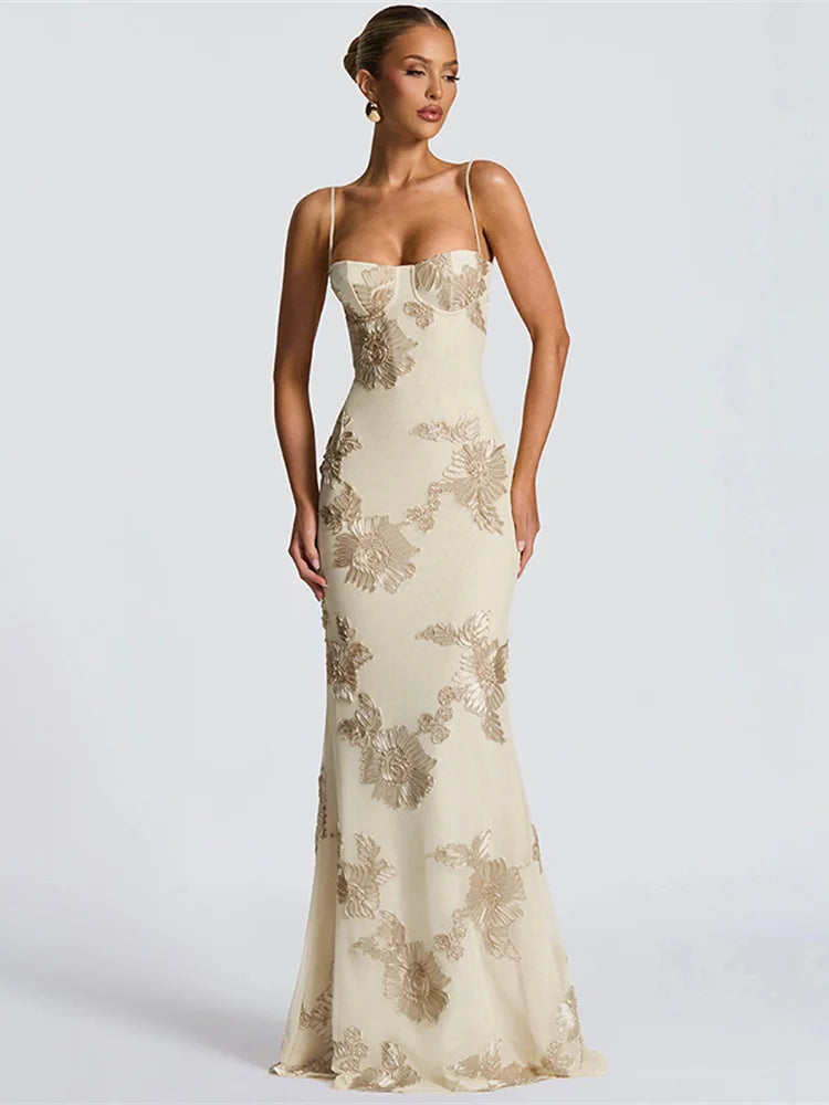Floral Embroidered Backless Maxi Dress – Sexy V-Neck Cross-Bandage Slim Summer Dress for Women