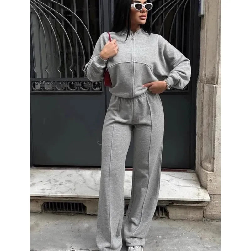 Casual Two-Piece Pants Suit – Zip-Up Cardigan Jacket & Wide-Leg Trousers Streetwear Set for Women