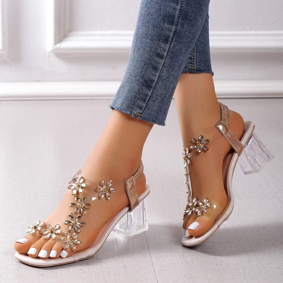 Crystal Flower Chunky Heel Sandals for Women – PVC Back Strap Square Toe Dress Sandals