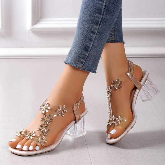 Crystal Flower Chunky Heel Sandals for Women – PVC Back Strap Square Toe Dress Sandals