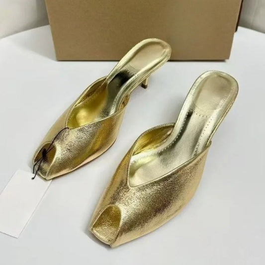 Luxury Shiny Gold Women’s Mule Heels – Peep Toe Slip-On Mid Heel Party Sandals