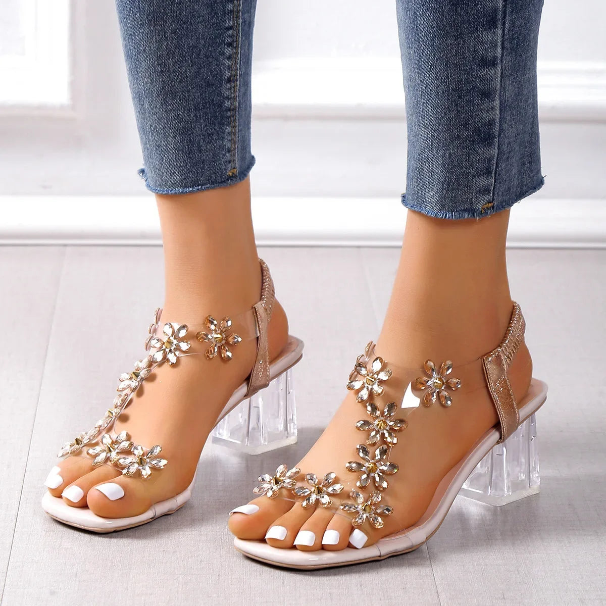 Crystal Flower Chunky Heel Sandals for Women – PVC Back Strap Square Toe Dress Sandals