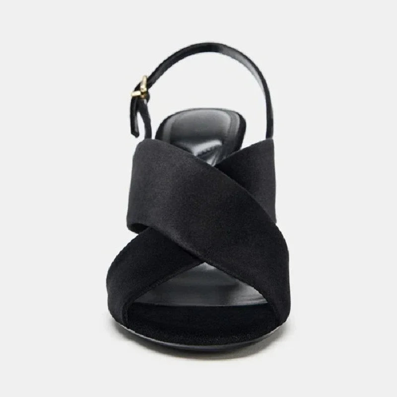 Designer Suede Wide Cross Strap Heeled Sandals Women Sexy Open Toe Slingback High Heels for Ladies Elegant Banquet Dress Shoes