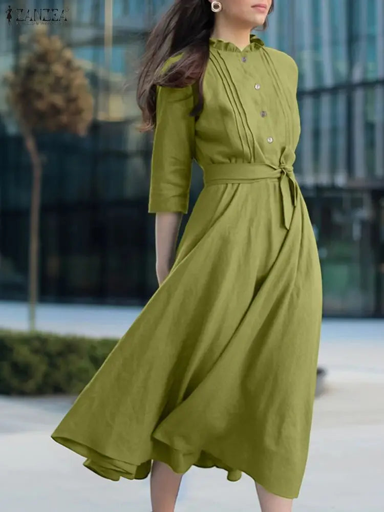 Elegant Button-Up Midi Dress – Casual 3/4 Sleeve A-Line Office & Work Dress for Women