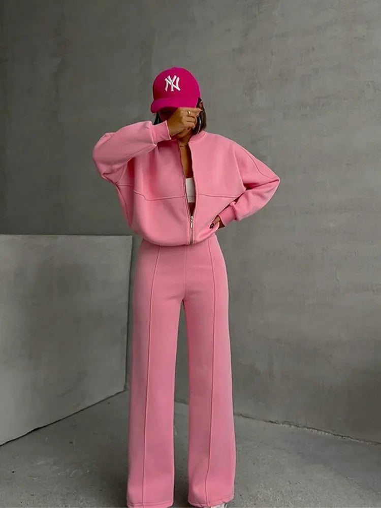 Casual Two-Piece Pants Suit – Zip-Up Cardigan Jacket & Wide-Leg Trousers Streetwear Set for Women