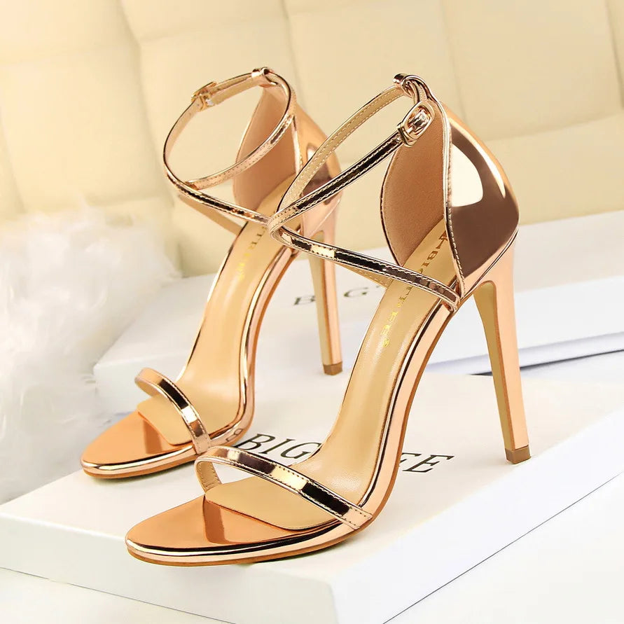 Champagne Gold High Heel Shoes – Ankle Strap Pointed Toe Sandals