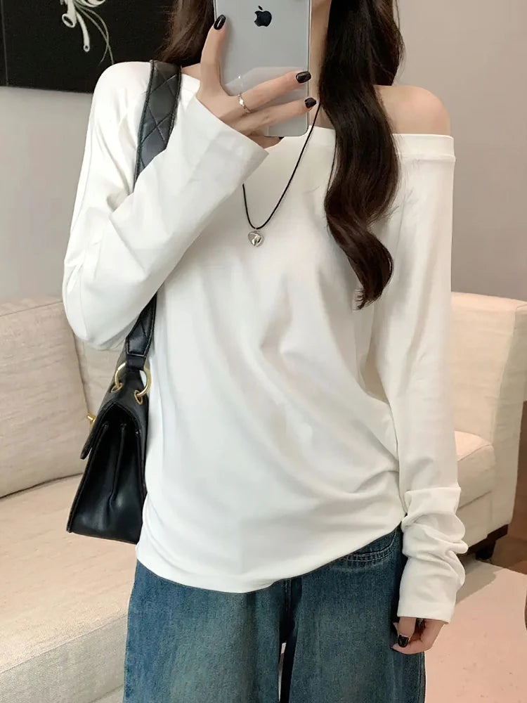 Oversized Off-Shoulder Long Sleeve T-Shirt – Casual Solid Colour Loose Fit Top for Women