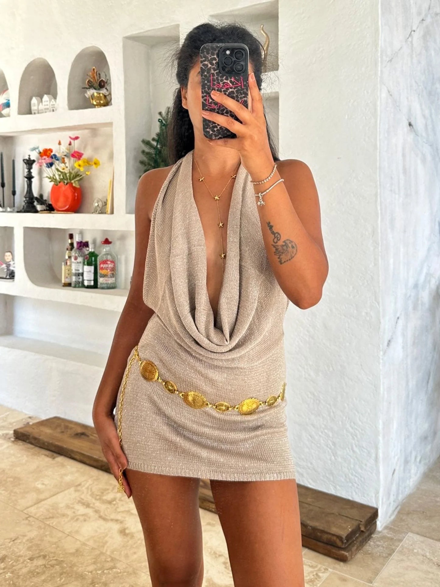 Deep V Bright Silk Mini Dress – Sexy & Backless