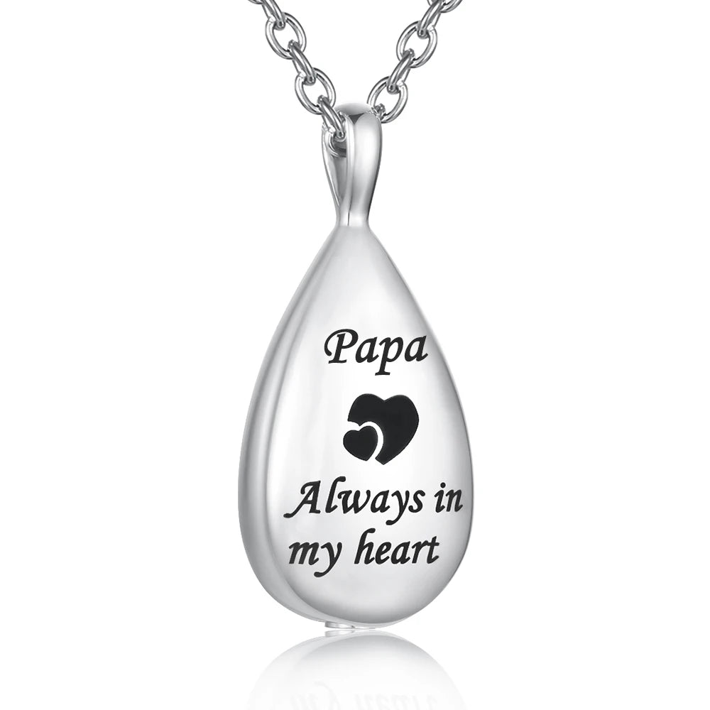 “Always in My Heart” Teardrop Ashes Necklace – Stainless Steel Cremation Urn Pendant Memorial Keepsake