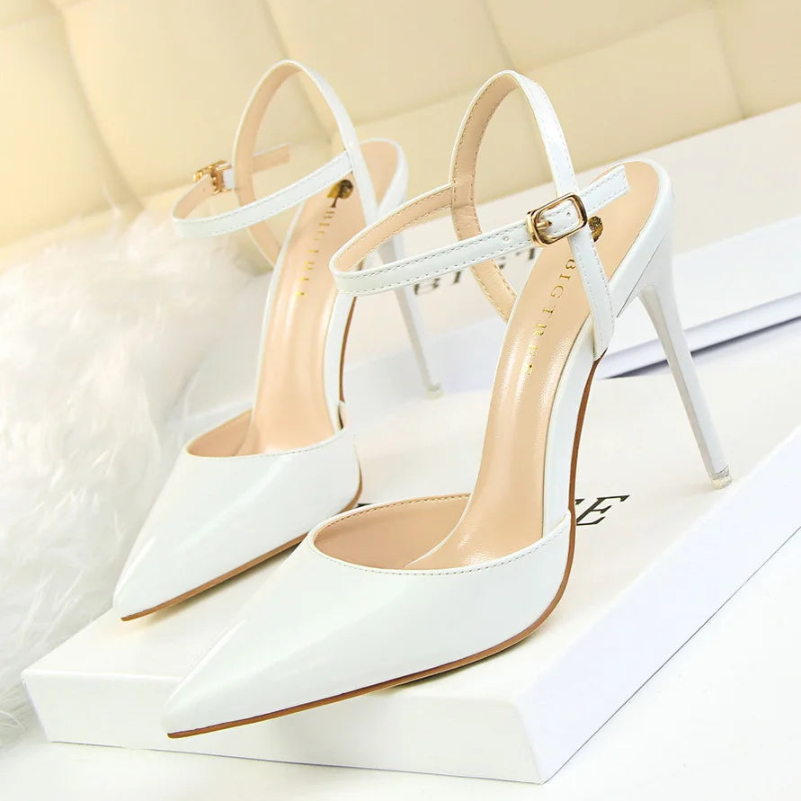 Metallic Patent High Heel Shoes – Ankle Strap Pointed Toe Sandals