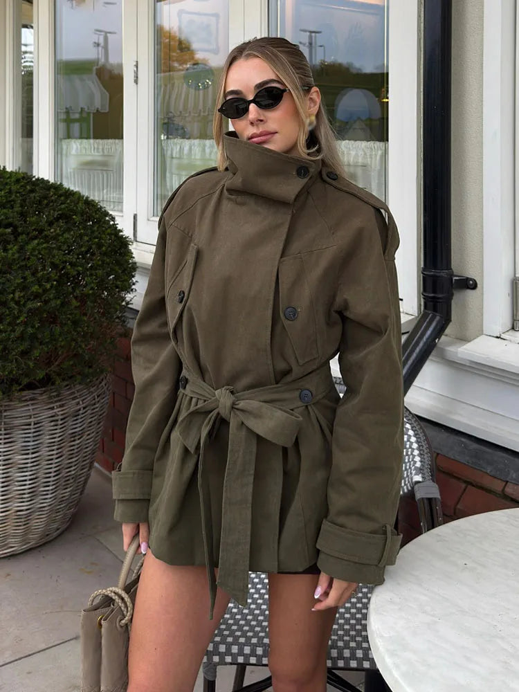 Casual High-Neck Jacket – Loose Fit Long Sleeve Street Style Coat with Pockets for Women