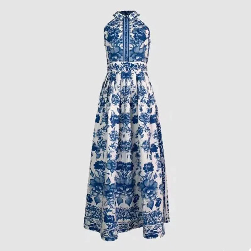2026 Elegant Blue Geometric Maxi Dress – Vintage Floral Print Lapel A-Line Summer Gown for Women | Classic Party Dress