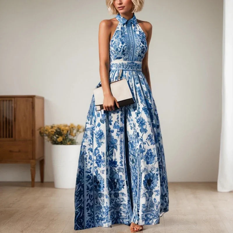 2026 Elegant Blue Geometric Maxi Dress – Vintage Floral Print Lapel A-Line Summer Gown for Women | Classic Party Dress