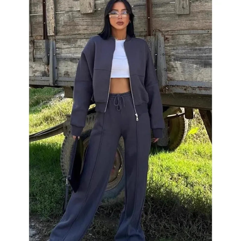 Casual Two-Piece Pants Suit – Zip-Up Cardigan Jacket & Wide-Leg Trousers Streetwear Set for Women