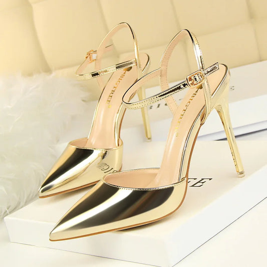 Metallic Patent High Heel Shoes – Ankle Strap Pointed Toe Sandals