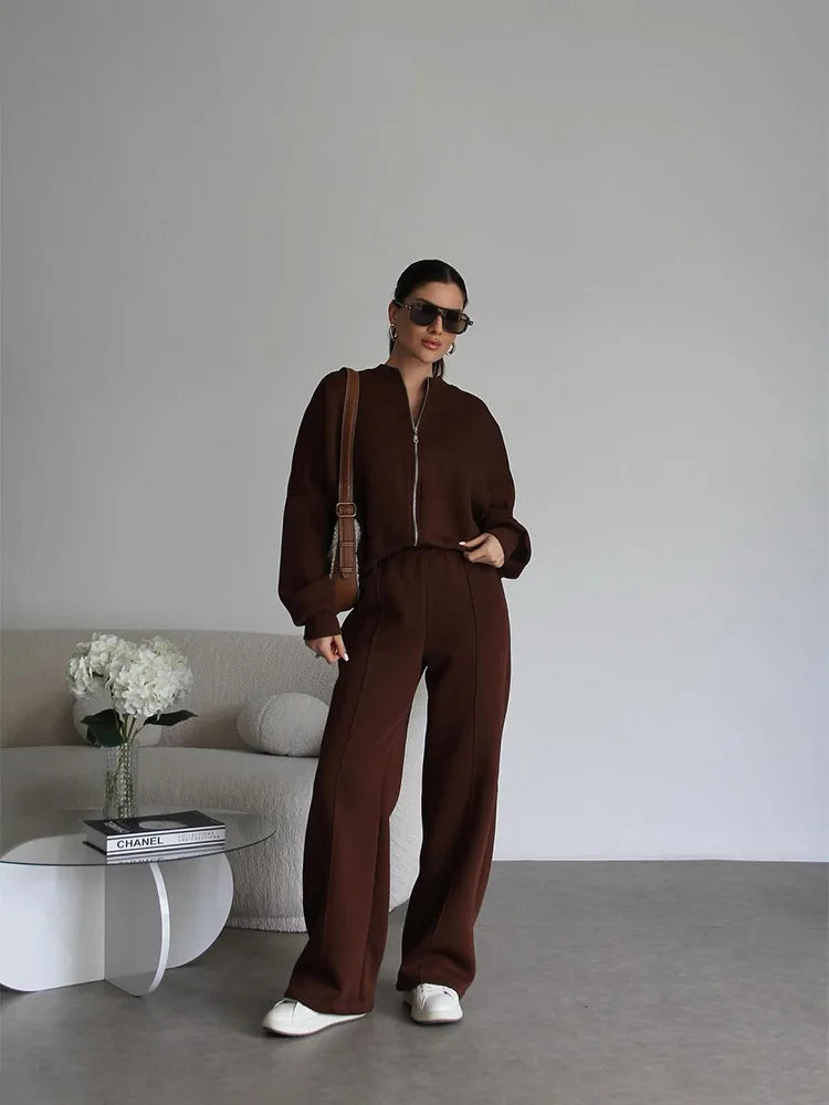 Casual Two-Piece Pants Suit – Zip-Up Cardigan Jacket & Wide-Leg Trousers Streetwear Set for Women
