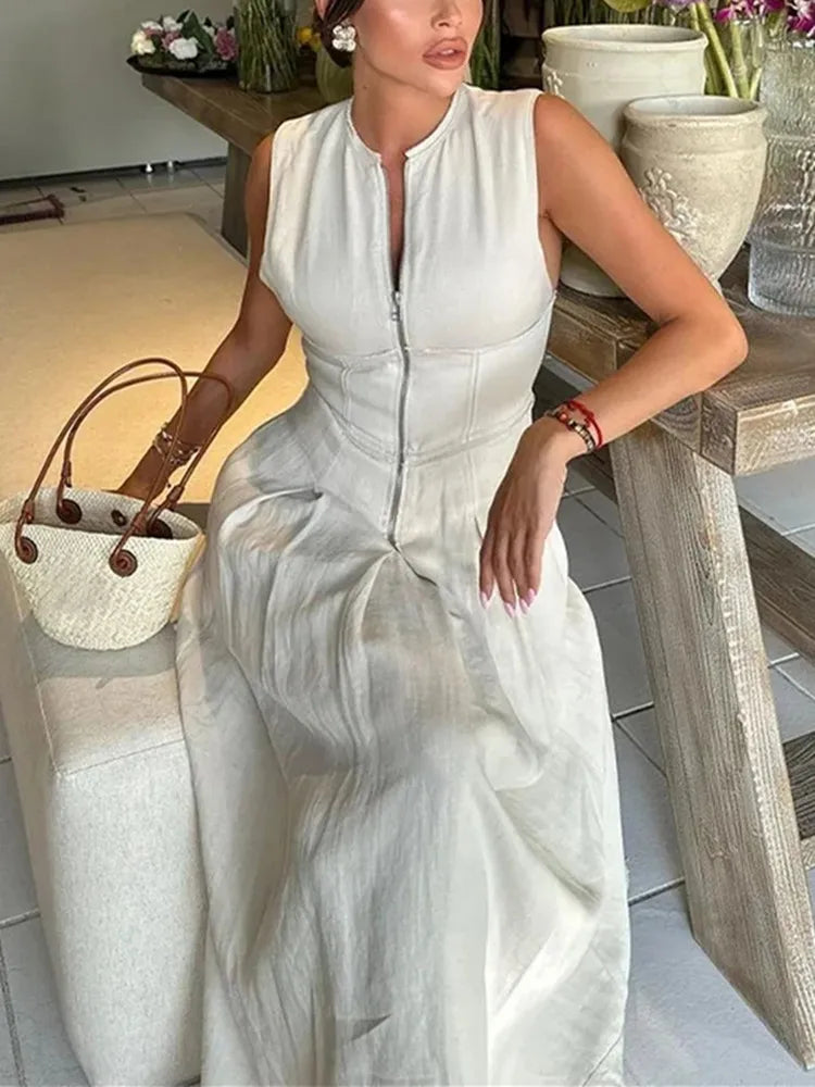 2026 - Pleated Zipper Midi Dress – Elegant Sleeveless Bodycon A-Line Summer Party Dress for Women