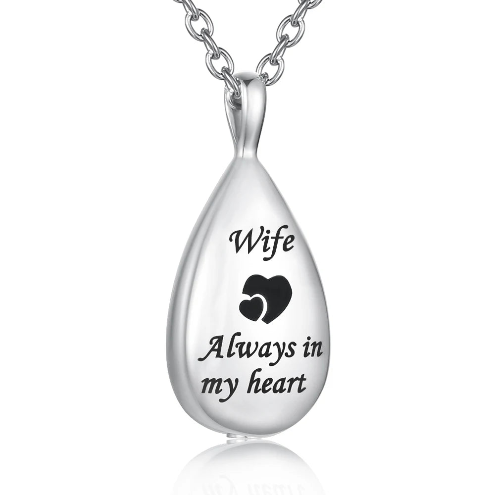 “Always in My Heart” Teardrop Ashes Necklace – Stainless Steel Cremation Urn Pendant Memorial Keepsake