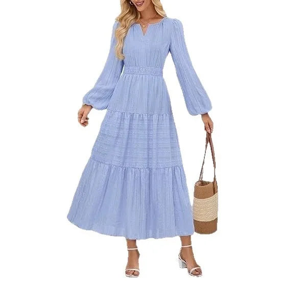 Elegant Princess V-Neck Dress – Slim Fit Long Sleeve Mid-Calf Gown for Women