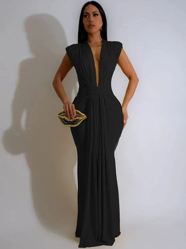 Elegant Ruched V-Neck Maxi Dress — High Stretch Evening Perfection